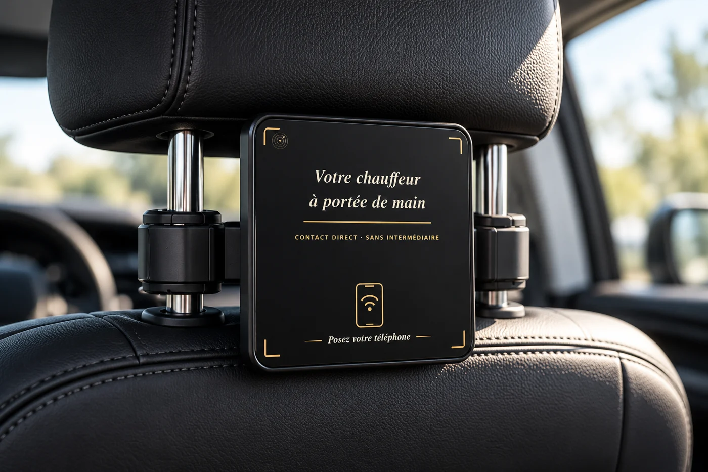 Illustration du support et de la plaque noire et dorée installés derrière un appui-tête